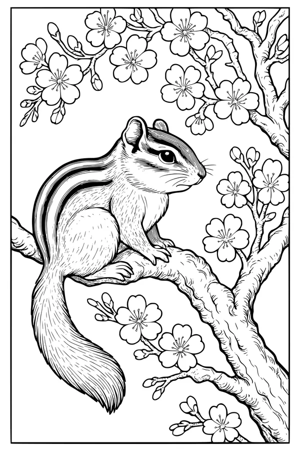 Free Chipmunk Coloring Page - Striped Chipmunk in Spring Blossoms (Printable PDF)