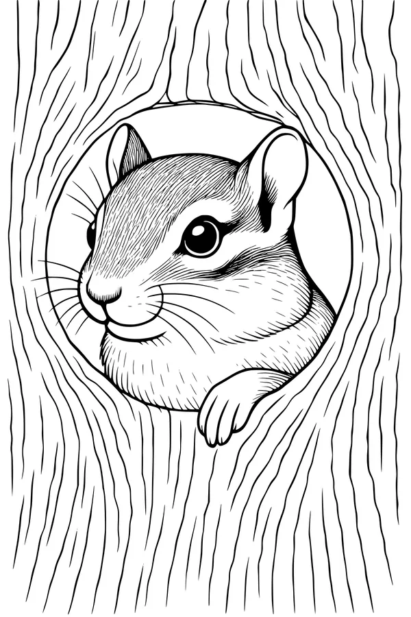 Free Chipmunk Coloring Page - Peekaboo in Tree Trunk Hole (Printable PDF)