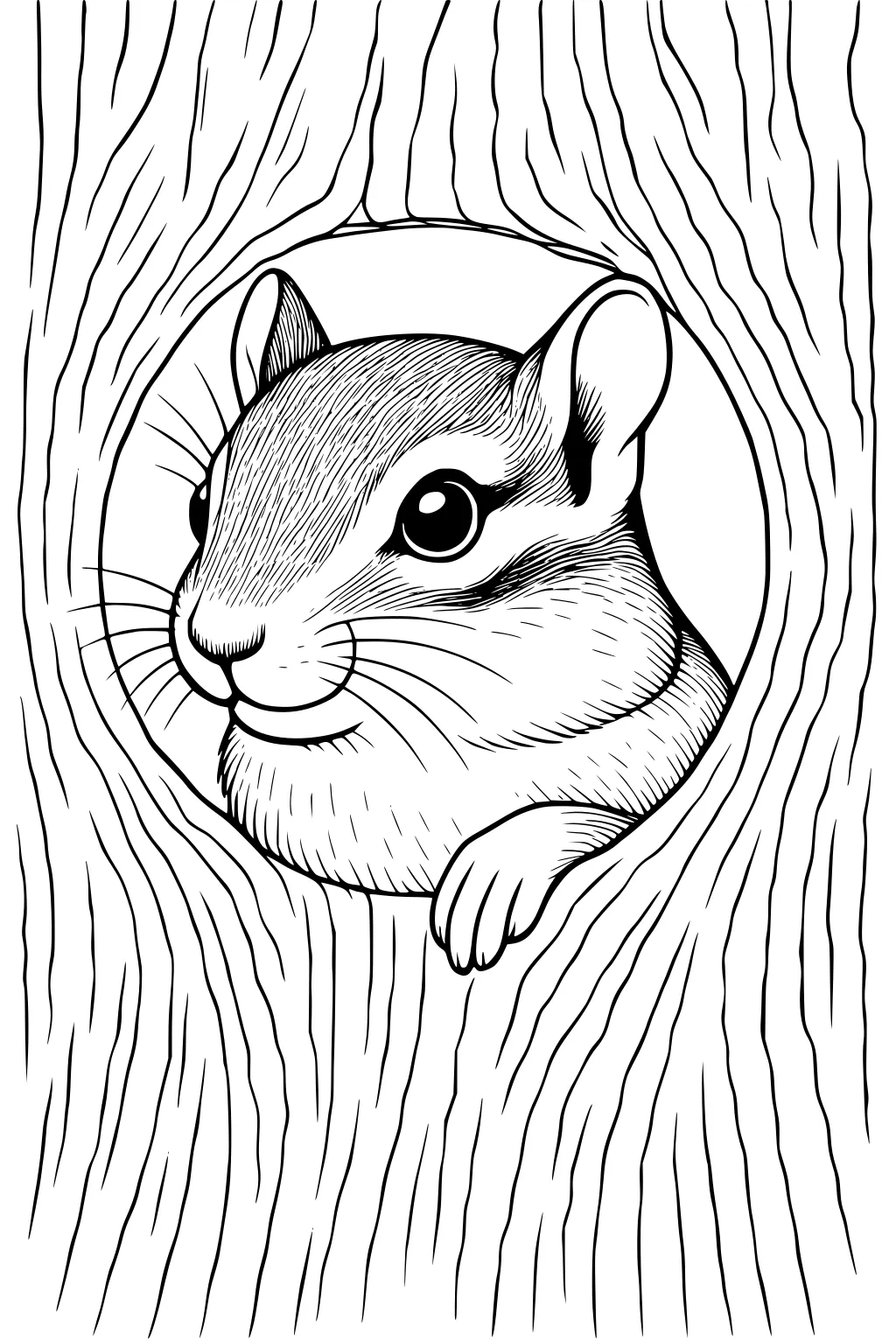 Chipmunk sticking head and paw out of tree trunk hole, surrounded by rough bark lines.