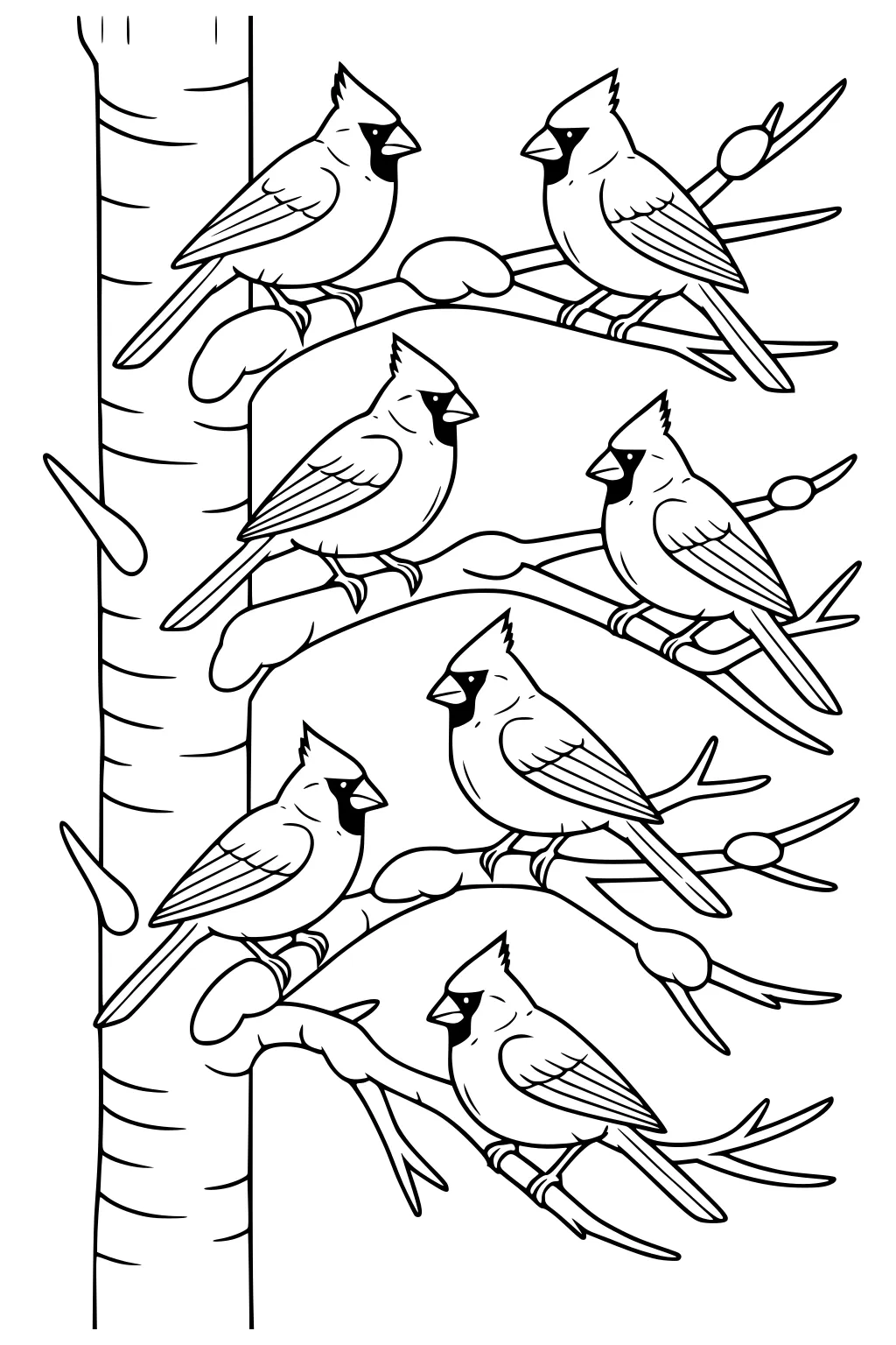 Six cardinals perched on bare birch branches with trunk and round winter buds, simple line art for kids to color.