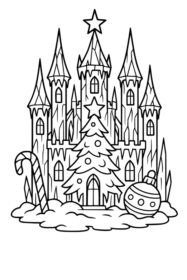 Free Christmas Castle Coloring Page - Star-Topped Tree and Snowy Spires (Printable PDF)