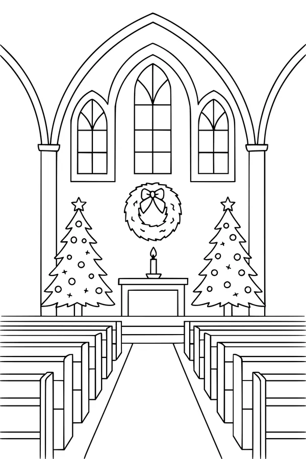 Free Christmas Church Coloring Page - Peaceful Holiday Chapel Interior (Printable PDF)