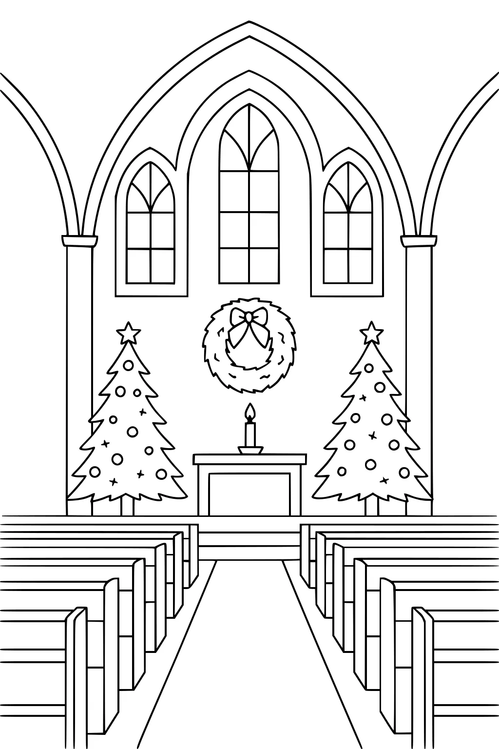 Christmas church interior with two trees, a wreath with bow, candle on altar, arched windows, tall arches, and rows of pews.