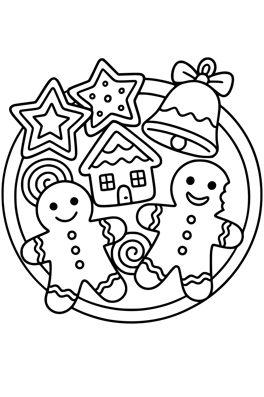 Plate of Christmas cookies with two gingerbread men, stars, a bell with bow, a gingerbread house, and swirl candies in line art.