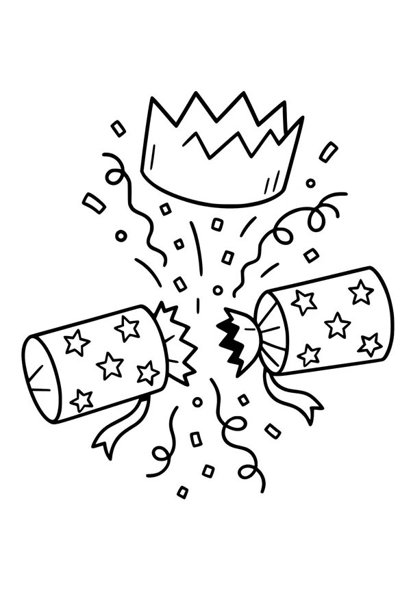 Free Christmas Crackers Coloring Page - Confetti Burst and Crown (Printable PDF)
