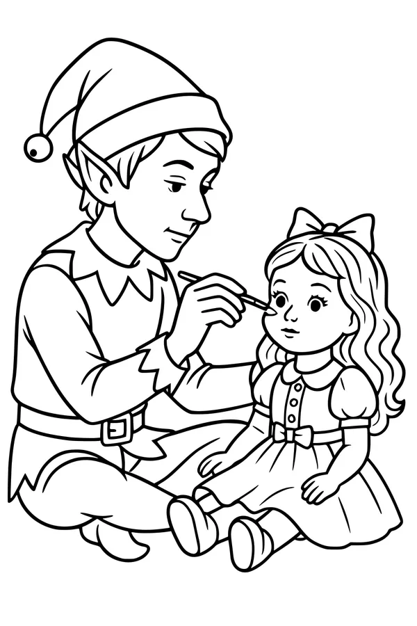 Free Christmas Elf Coloring Page - Painting A Little Girl's Cheek (Printable PDF)