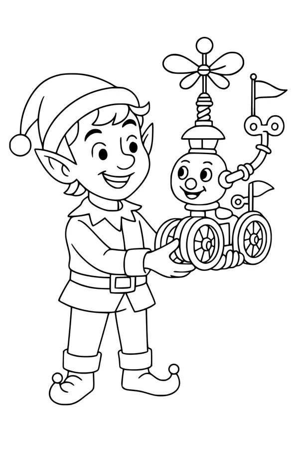 Free Christmas Elf Coloring Page - Boy With Wind-Up Robot Toy (Printable PDF)