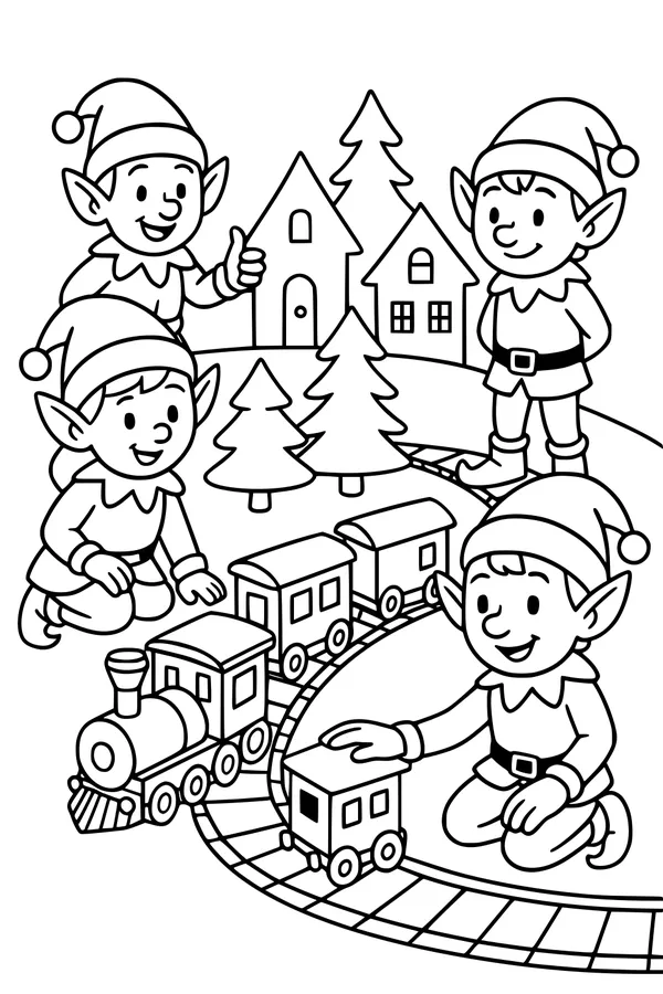 Free Christmas Elves Coloring Page - Toy Train Village Scene (Printable PDF)