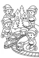 Free Christmas Elves Coloring Page - Toy Train Village Scene (Printable PDF)
