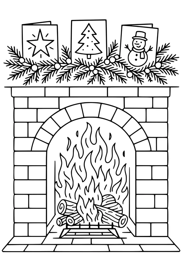 Free Christmas Fireplace Coloring Page - Cozy Fireside With Garland and Holiday Cards (Printable PDF)