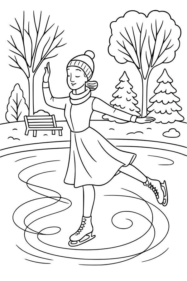 Free Christmas Ice Skating Girl Coloring Page - Winter Park Pond Scene (Printable PDF)