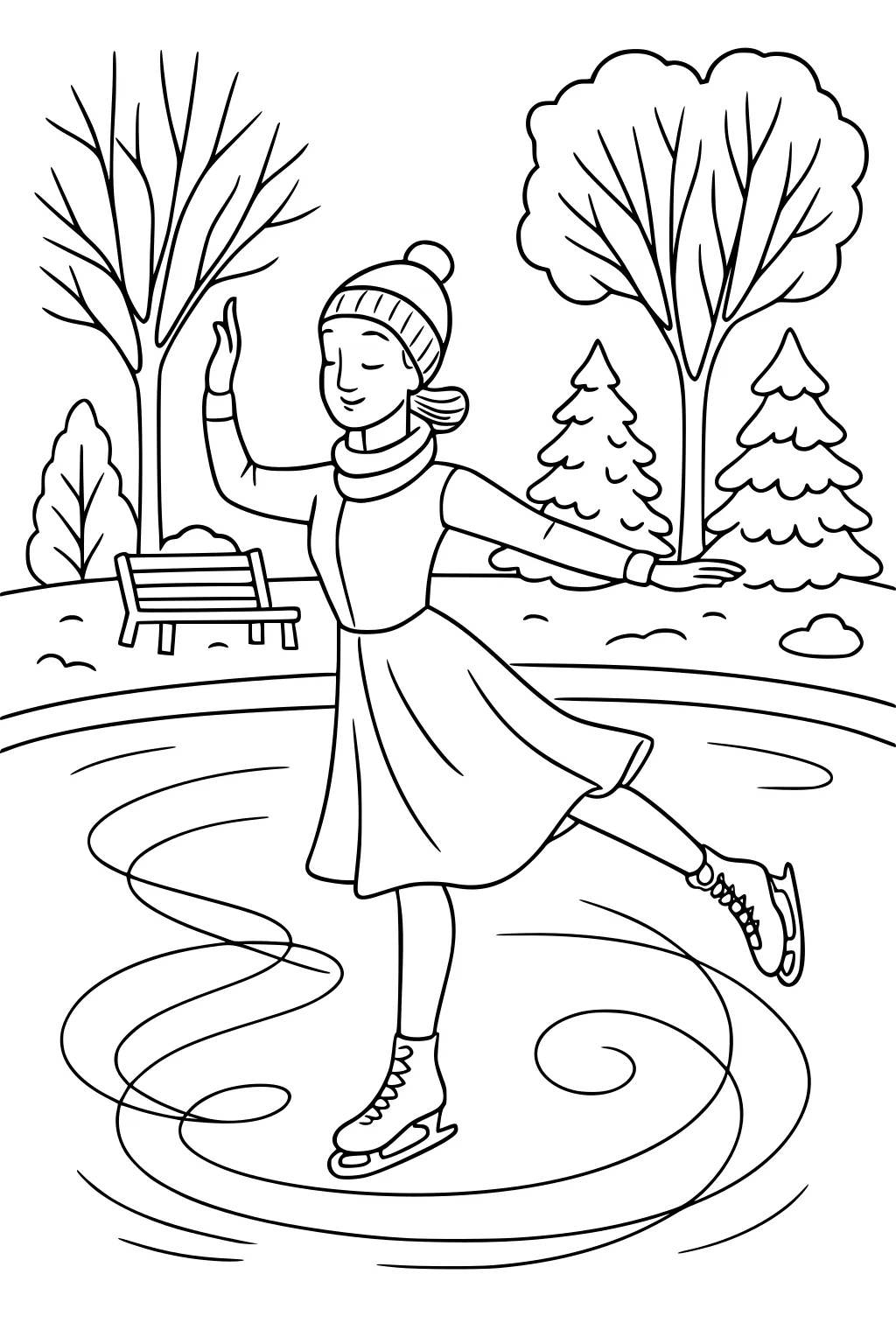Girl ice-skates on a frozen park pond, in beanie and scarf, with trees, a bench, snow mounds, and swirly lines on the ice.