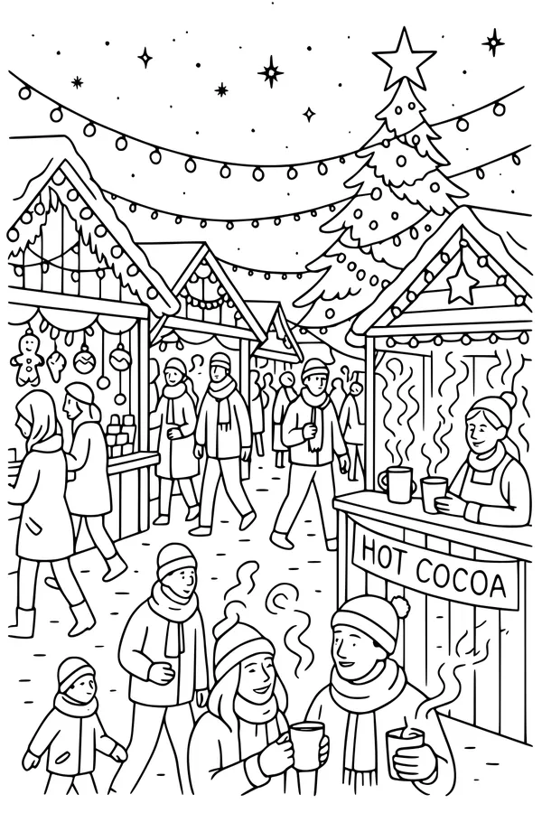 Free Christmas Market Coloring Page - Cozy Cocoa Night Scene (Printable PDF)