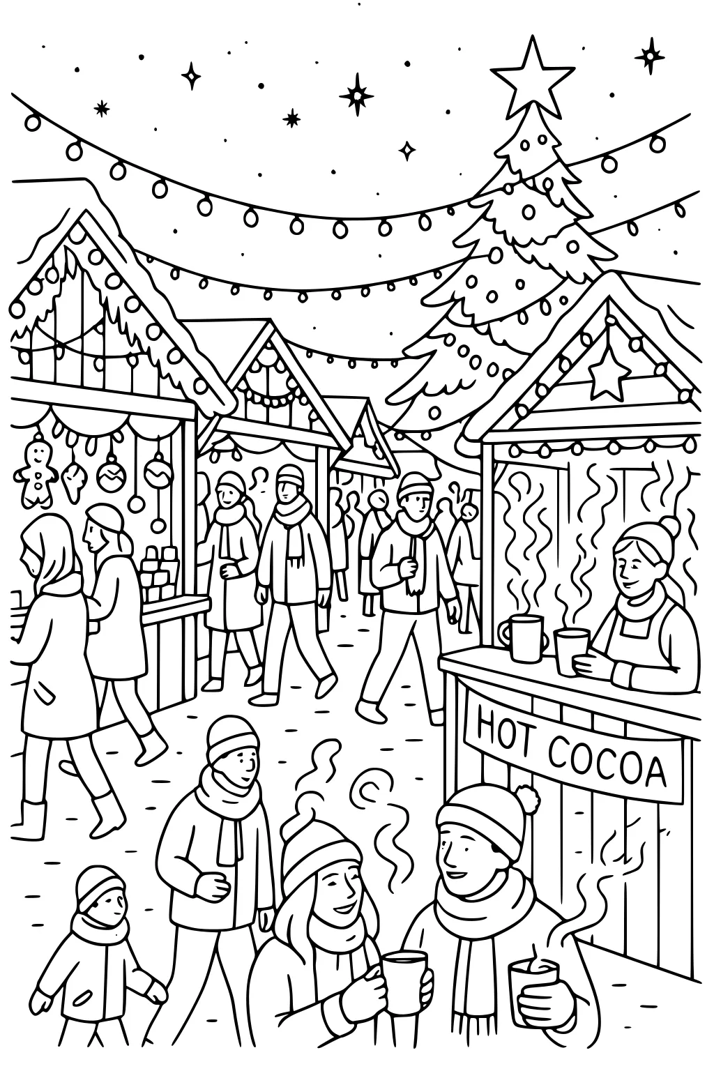 Busy Christmas market with stalls, hot cocoa stand, big tree with star, string lights, and families in scarves sipping steaming drinks.
