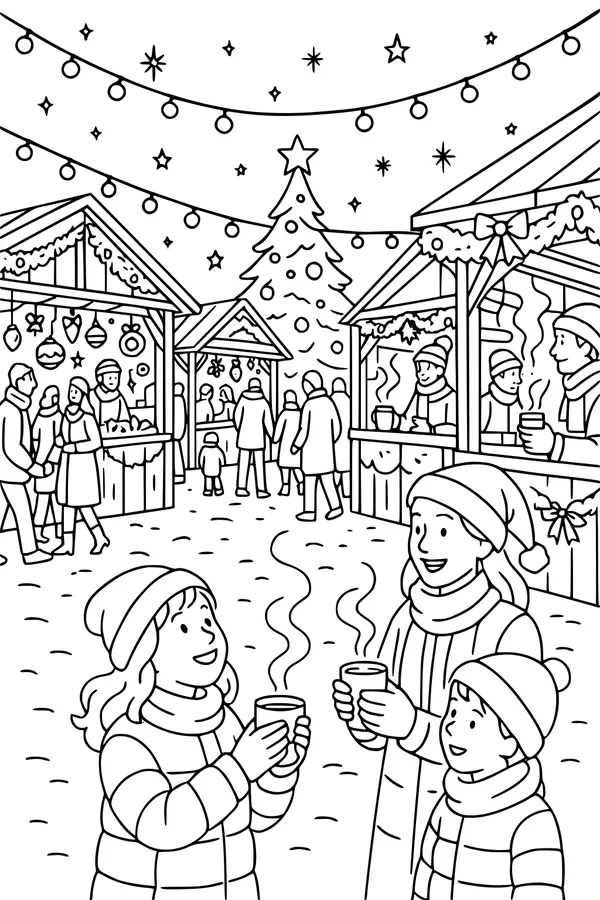 Free Christmas Market Coloring Page - Cozy Family Night With Hot Cocoa (Printable PDF)
