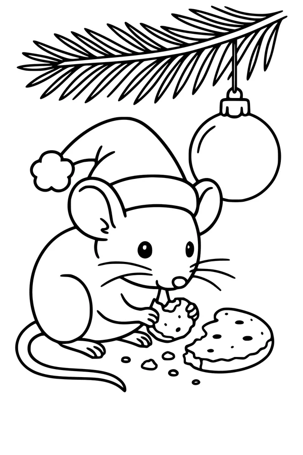Free Christmas Mouse Coloring Page - Santa Hat And Cookie Under Ornament (Printable PDF)