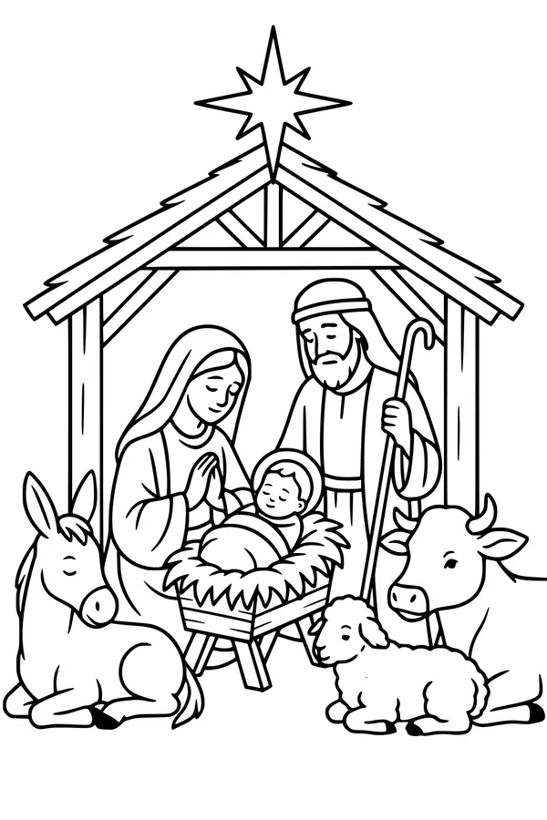 Free Nativity Coloring Page - Mary, Joseph and Baby Jesus in Stable (Printable PDF)