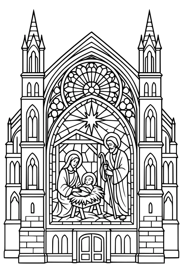 Free Nativity Coloring Page - Gothic Church Stained Glass Scene (Printable PDF)