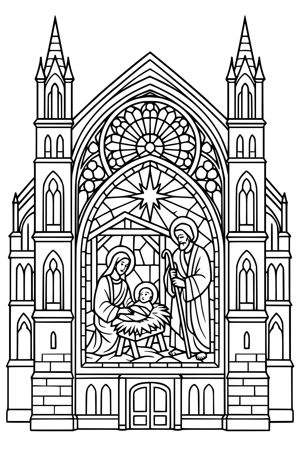 Gothic church facade with twin spires and stained-glass nativity of Mary, Joseph, and baby Jesus under the Bethlehem star.