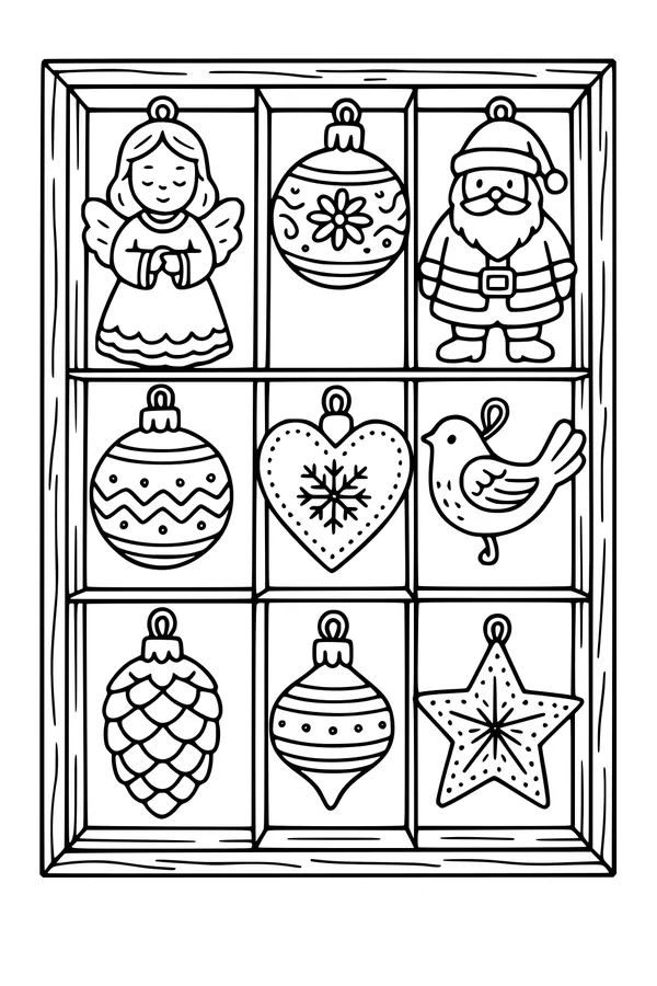 Free Christmas Ornaments Coloring Page - Nine Little Treasures Display (Printable PDF)