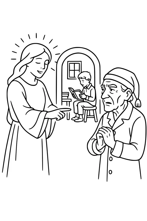 Free Christmas Spirit Coloring Page - Ghost of Christmas Past Scene (Printable PDF)