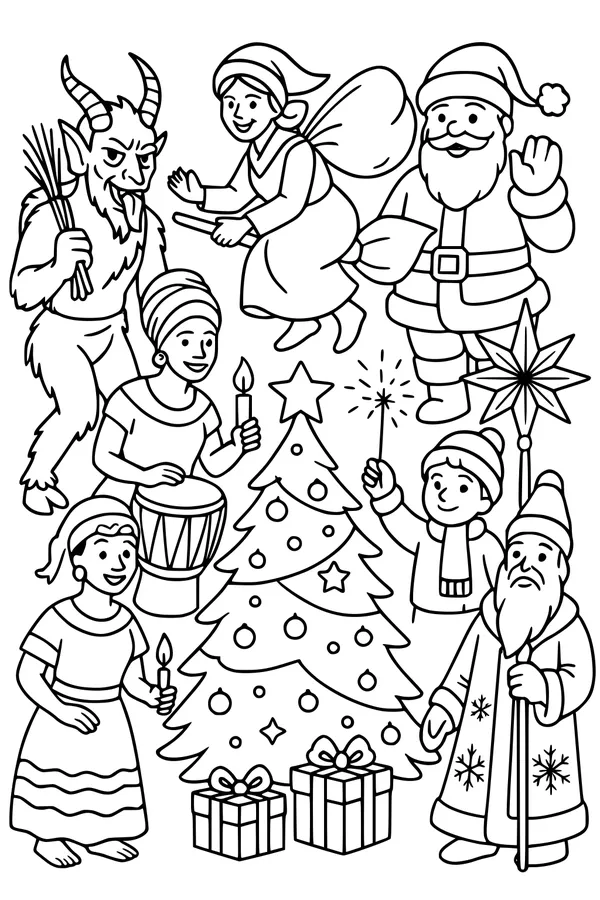 Free Christmas Tree Coloring Page - Santa, Angel, Krampus and Gifts (Printable PDF)