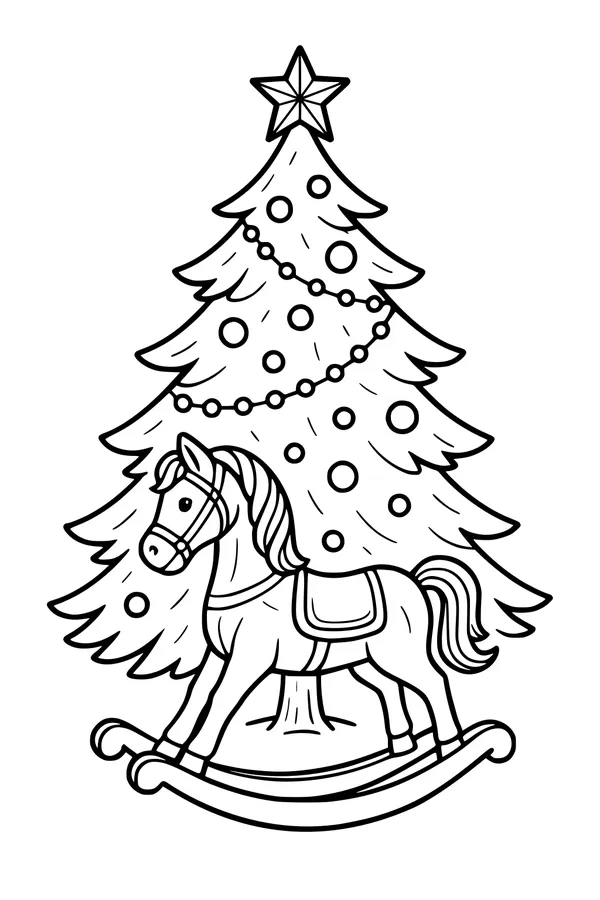 Free Christmas Tree Coloring Page - Star Topper and Rocking Horse Scene (Printable PDF)