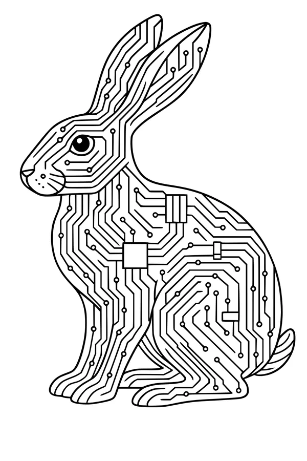 Free Hare Coloring Page - Futuristic Circuit Board Bunny (Printable PDF)