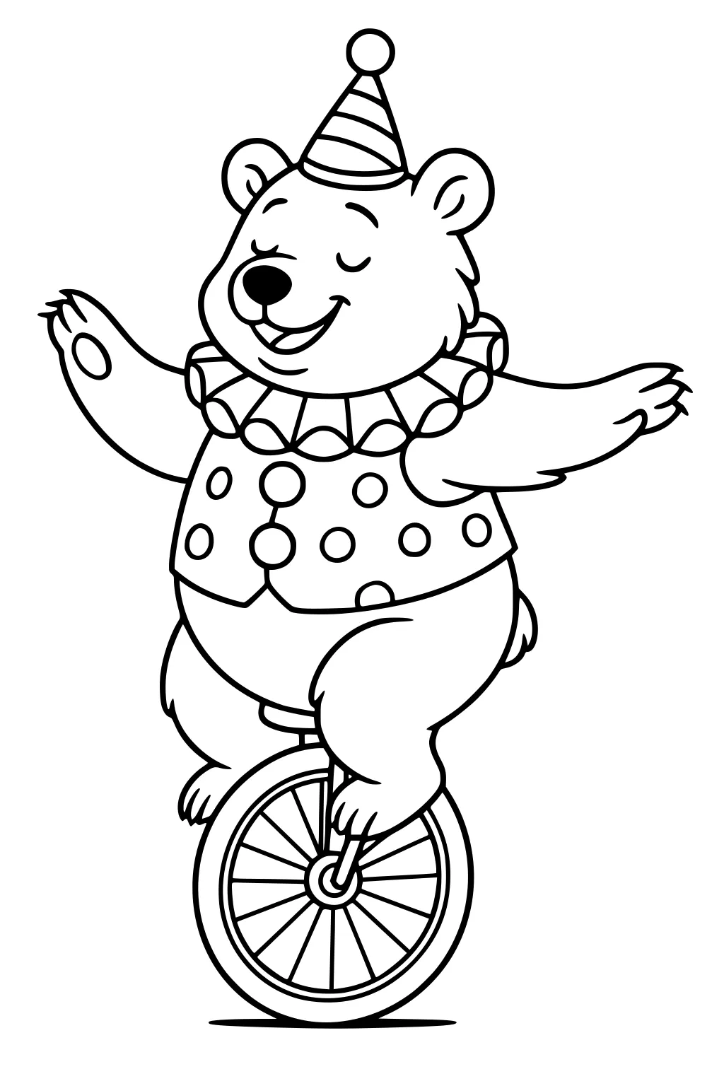 Bear wearing a clown costume and party hat balancing on a unicycle with arms stretched outward.