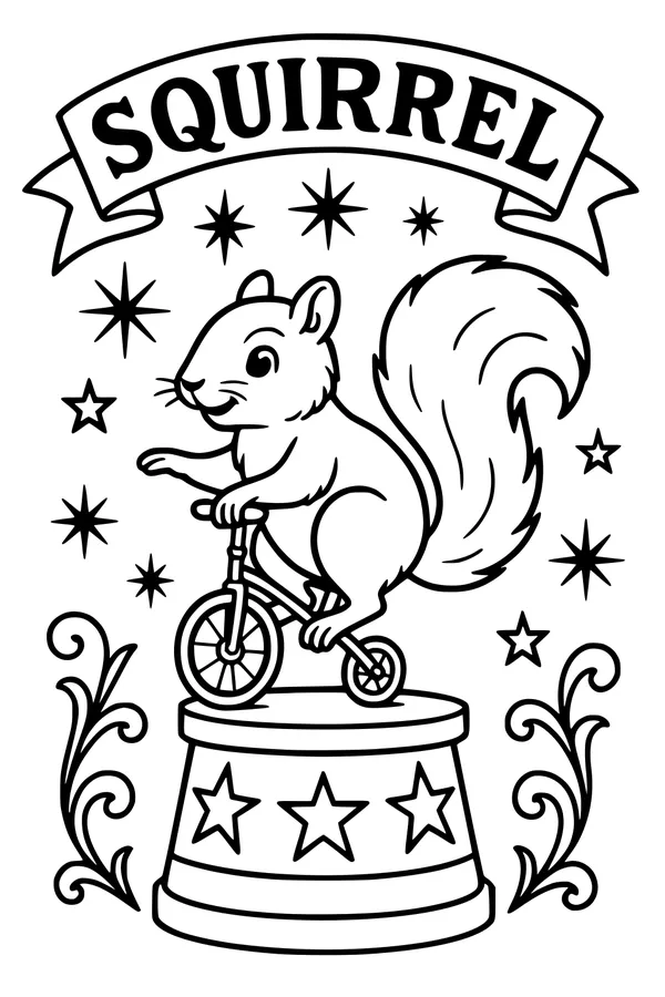 Free Squirrel Coloring Page - Circus Performer on Bicycle (Printable PDF)