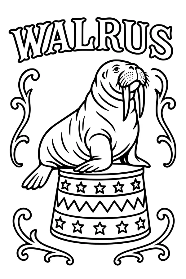Free Walrus Coloring Page - Circus Pedestal Parade Scene (Printable PDF)