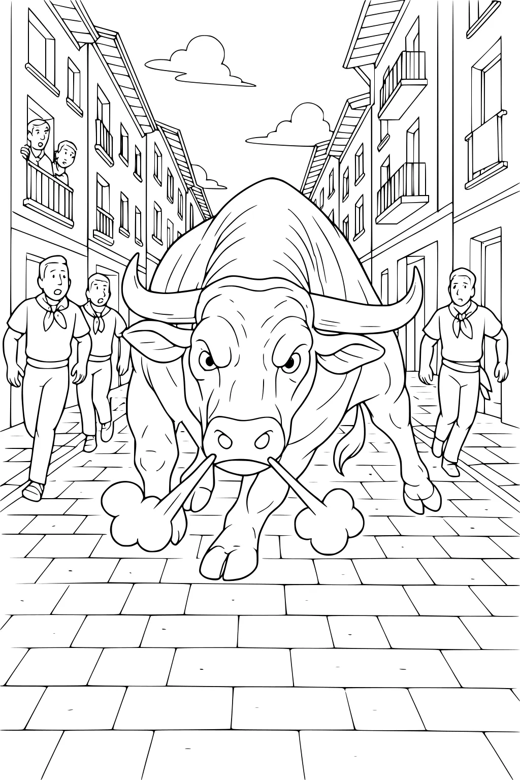 Bull charges on a brick street, chased by four boys; three people watch from a balcony, with tall buildings and clouds overhead.