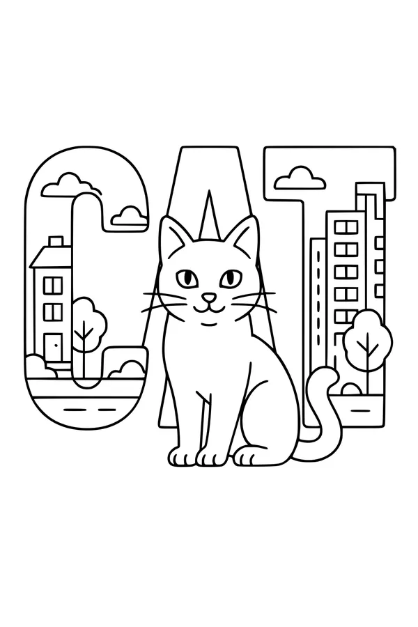Free Cat Coloring Page - City Letters Scene With Buildings (Printable PDF)