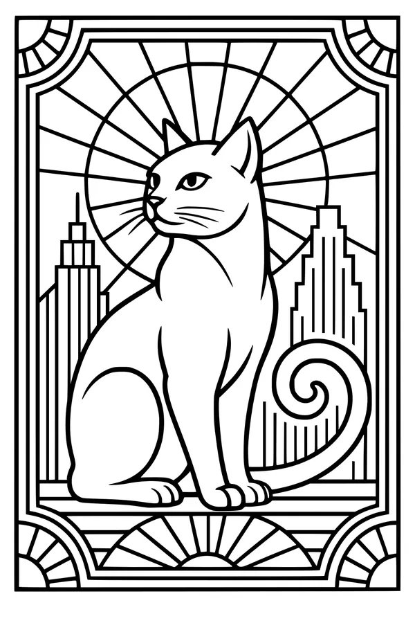 Free Cat Coloring Page - City Kitty in Sunlit Skyscrapers (Printable PDF)