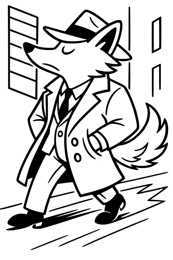 Free Coyote Coloring Page - Dapper Detective Walking in the City (Printable PDF)