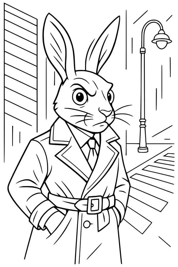 Free Hare Coloring Page - Detective in Trench Coat at Night (Printable PDF)