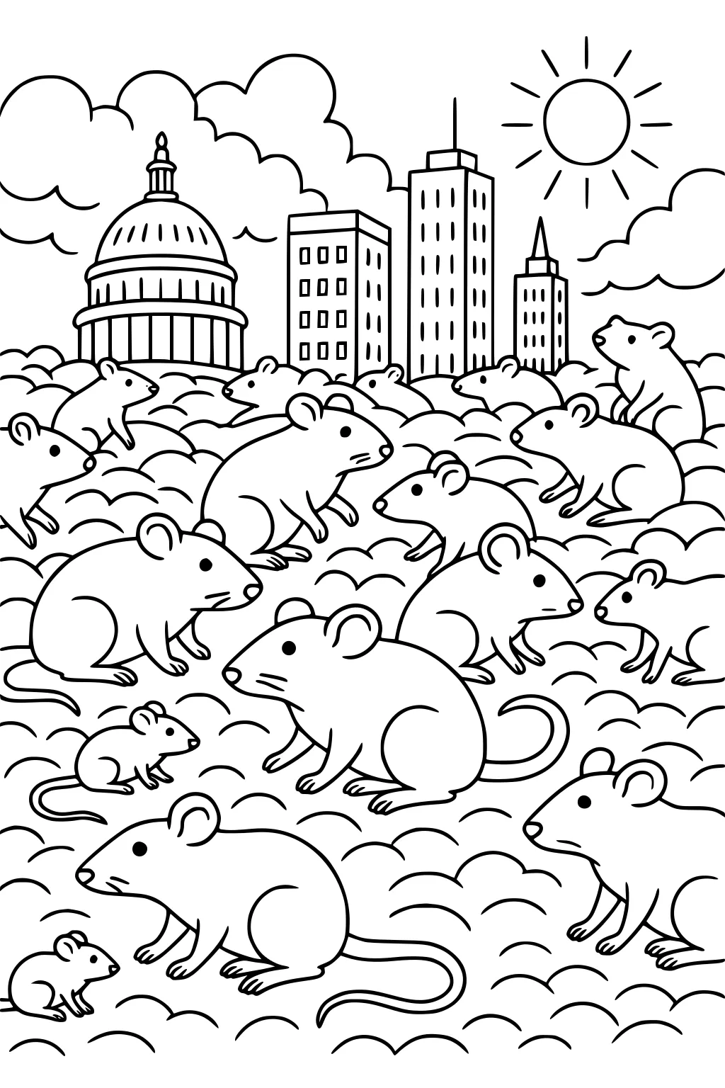 Cartoon rats sitting and standing in a city park with buildings, dome, clouds, and sun in the background.