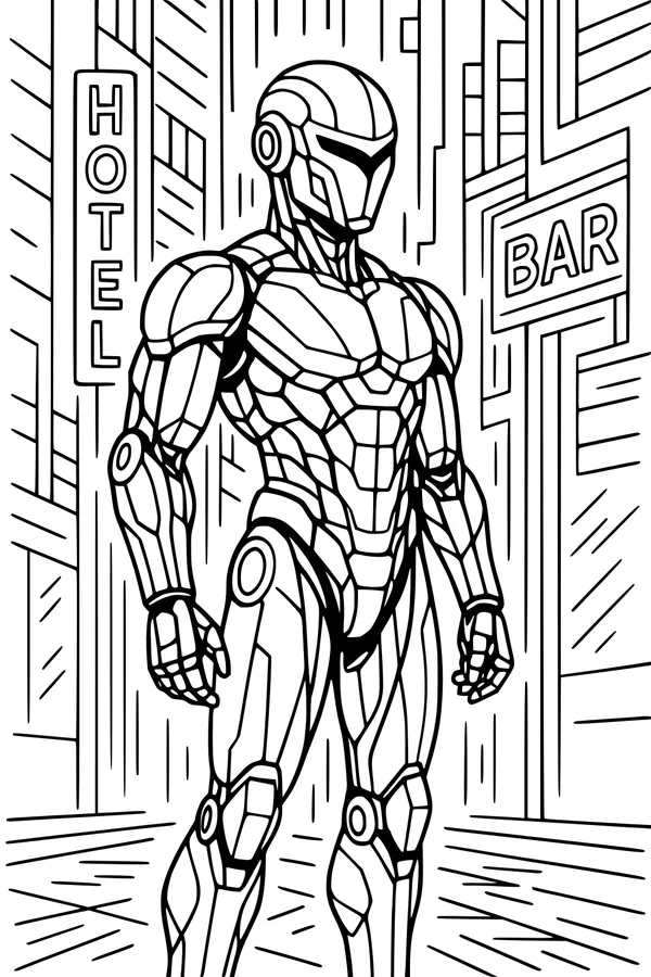 Free Robot Android Coloring Page - City Sentinel Patrol in Futuristic Neon Streets (Printable PDF)