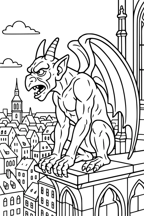 Free Gargoyle Coloring Page - Guardian Over Cathedral Rooftops (Printable PDF)