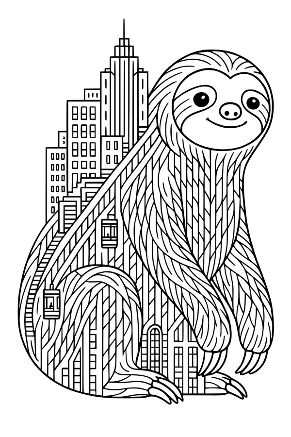 Free Sloth Coloring Page - Sammy in the Tall Cityscape (Printable PDF)