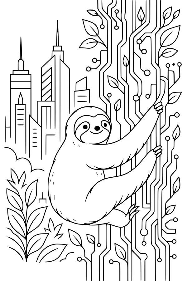 Free Sloth Coloring Page - Urban Jungle Cityscape Scene (Printable PDF)