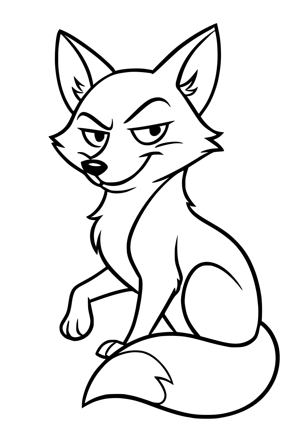 Cartoon fox sitting with a large tail, sly smile, and raised eyebrows drawn in bold lines.