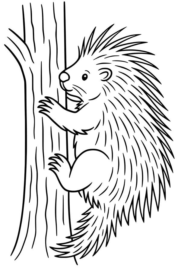 Free Porcupine Coloring Page - Spiky Climber On Tree Trunk (Printable PDF)