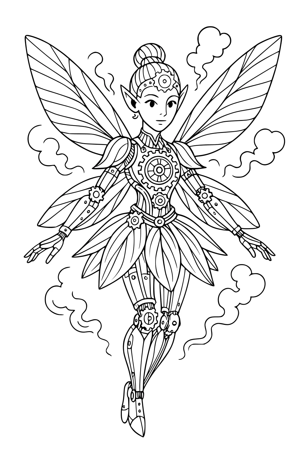 Steampunk fairy girl with gear chest, leaf-petal skirt, mechanical limbs, large veined wings, and steam clouds, floating with arms out.