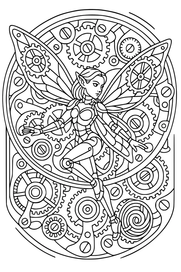 Free Steampunk Fairy Coloring Page - Clockwork Wings and Gears (Printable PDF)