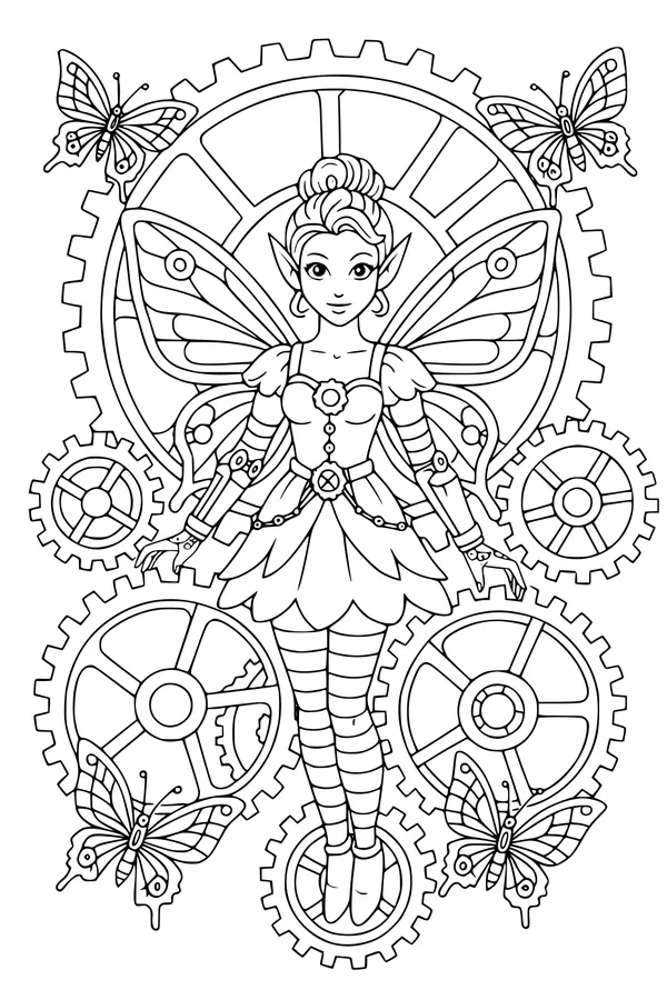 Free Fairy Coloring Page - Steampunk Clockwork Wings With Butterflies (Printable PDF)