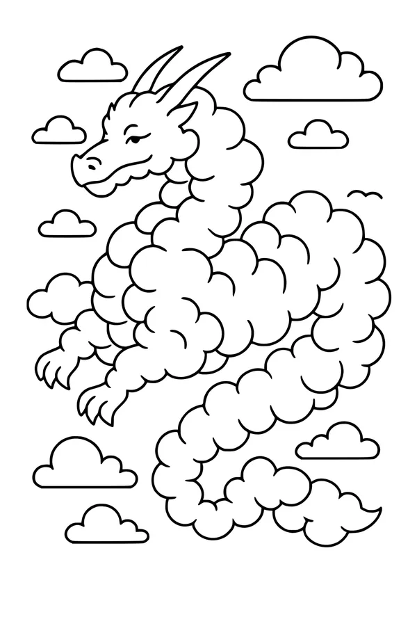 Free Cloud Dragon Coloring Page - Puffy Serpentine Sky Stroll (Printable PDF)