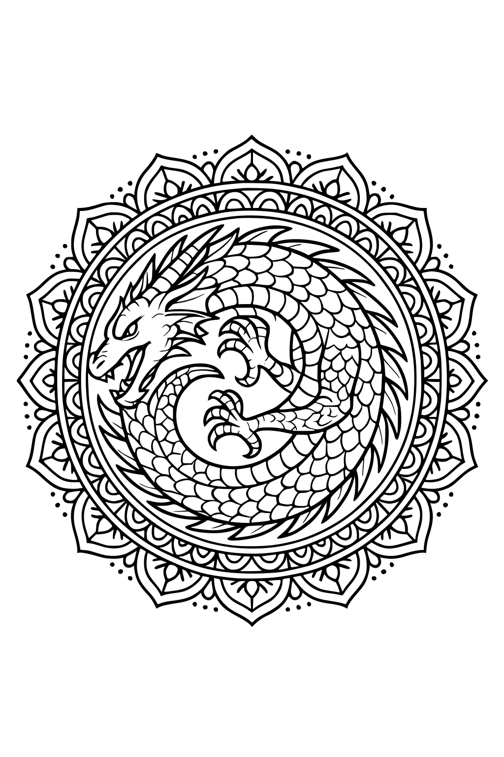 Coiled horned dragon with scales inside a round mandala frame of petal patterns and dots, detailed black line art.