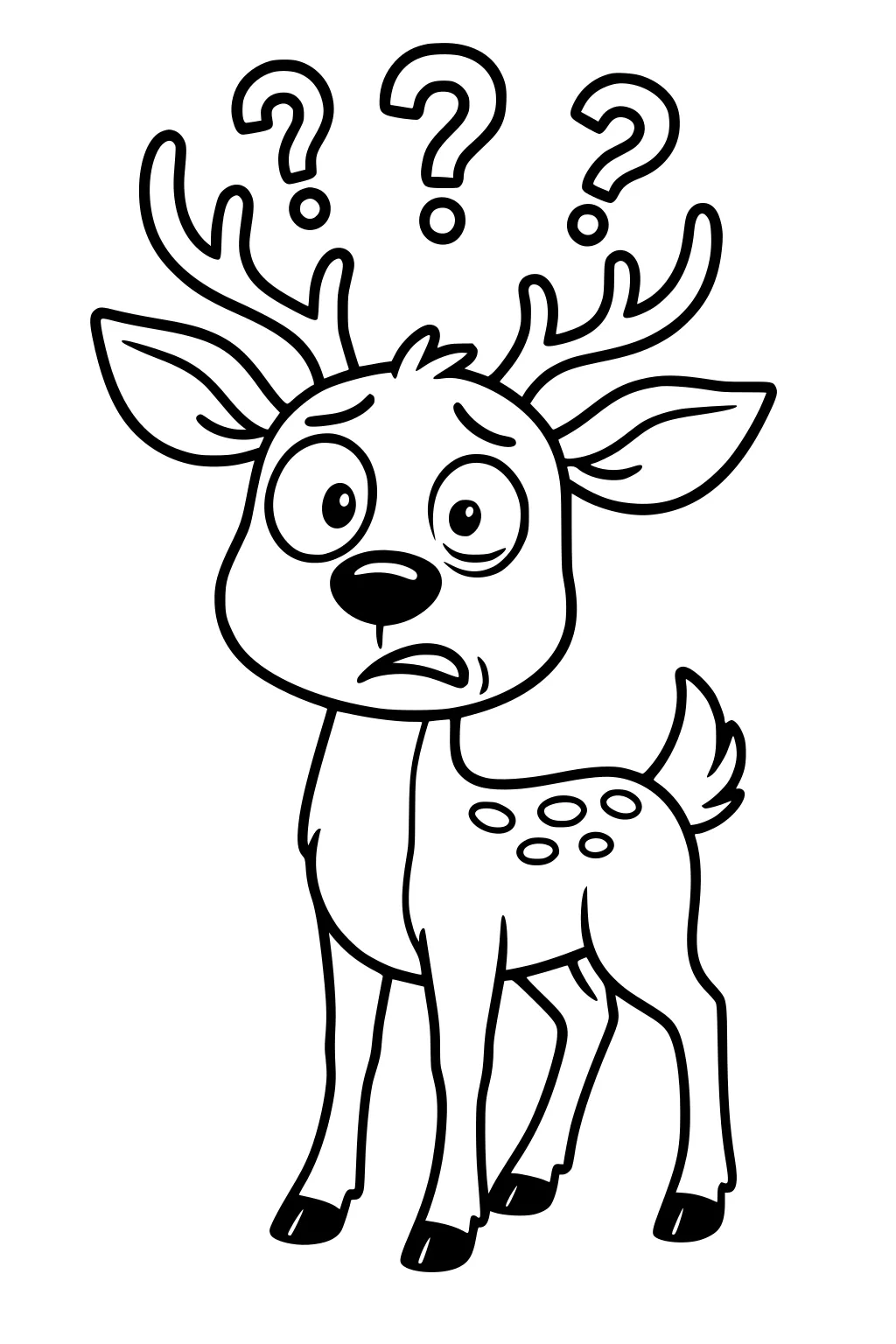 Wide-eyed cartoon deer standing up, looking confused, with question marks above its antlers and spots on its back.