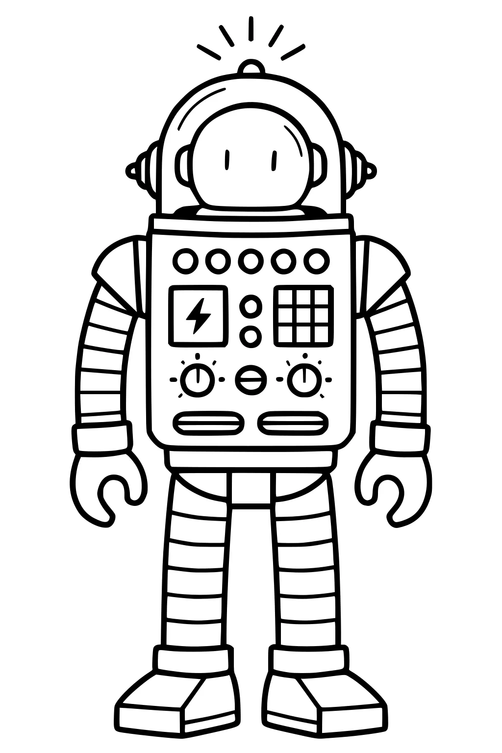 Cartoon robot with helmet, button-filled chest panel, striped limbs, claw hands, and big boots, with lines showing a blinking top light.